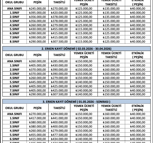 2026-2027 Eğitim Yılı Okul Ücretleri
